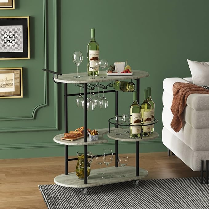 Light Gray Bar Carts with 4-Tier Storage Shelves, Mobile Bar Serving Cart with Wine Rack and Glass Holder, for The Home, Kitchen, Living Room, Dining Room-Ruum Studio Home