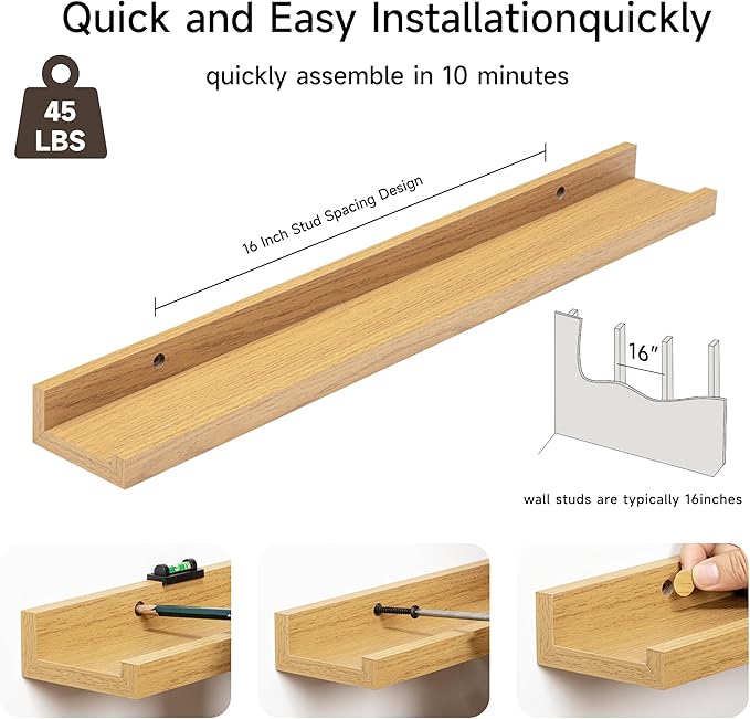 Fun Memories Picture Ledge Shelf, 24 Inch Floating Shelves Set of 2, Nursery Book Shelves for Toys Storage, Kids Bookshelf Wall Mounted for Wall Decor Books Photo Frames, Oak-Ruum Studio Home