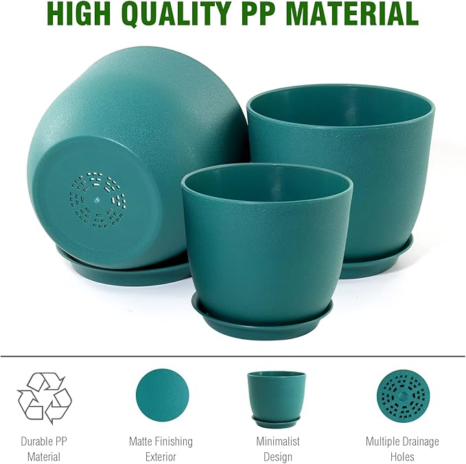9/8/7.5 inch Flower Pots, 3 Pack Modern Plastic Planters with Drainage Holes and Trays for House Plants, Plant Pots for Indoor Outdoor Plants, Blue Green-Ruum Studio Home