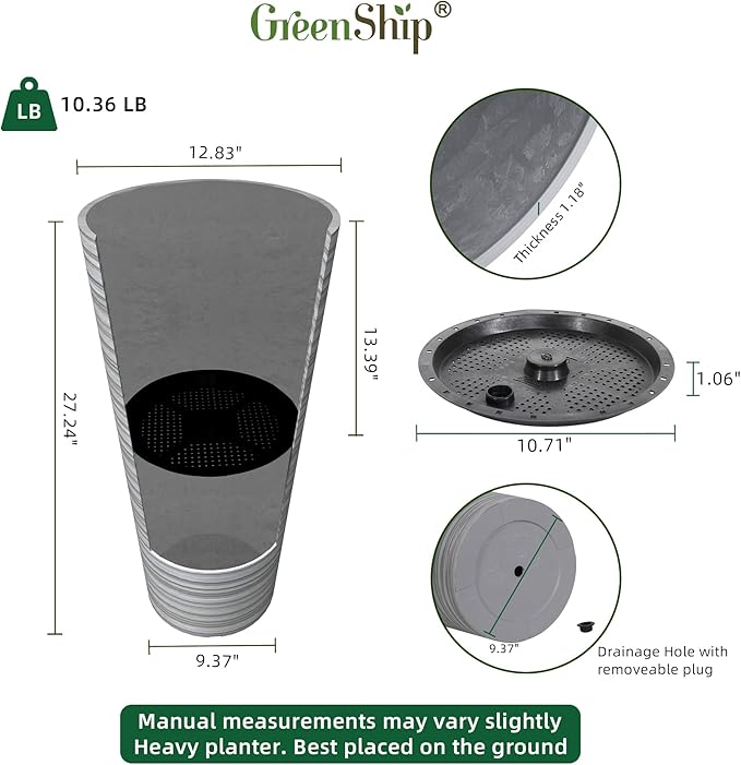 GreenShip 27" Tall Planters, Set of 2 – Black Outdoor Planter for Front Porch & Tall Plants, Weather-Resistant, with Drainage Hole & Rubber Plug (No Plants Included) (Light Gray)-Ruum Studio Home