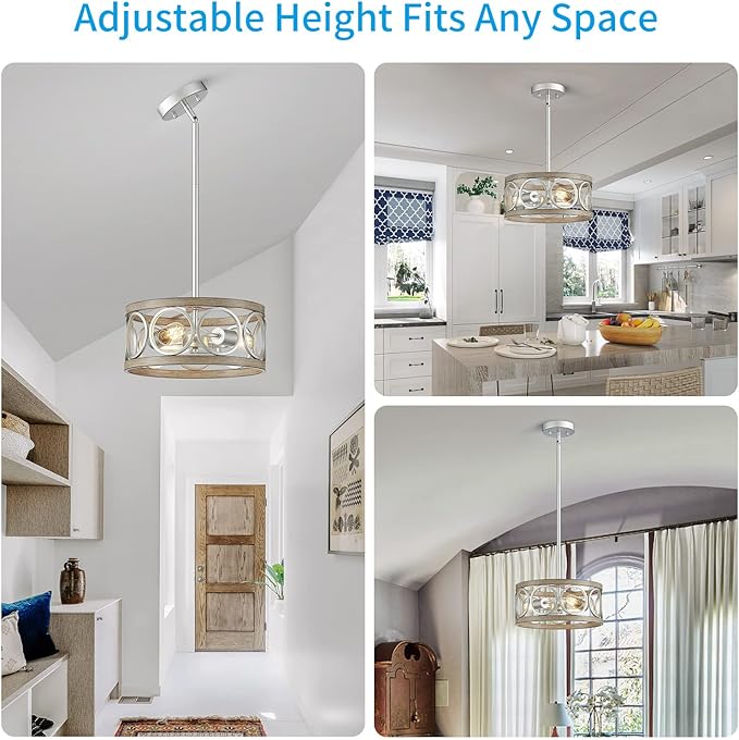 XINGQI Modern Ceiling Light Adjustable Height Pendant Lighting Fixture Brushed Nickel Wood Grain Metal 13" Rustic Round Lights for Dining Room Kitchen Bedroom Foyer Hallway-Ruum Studio Home