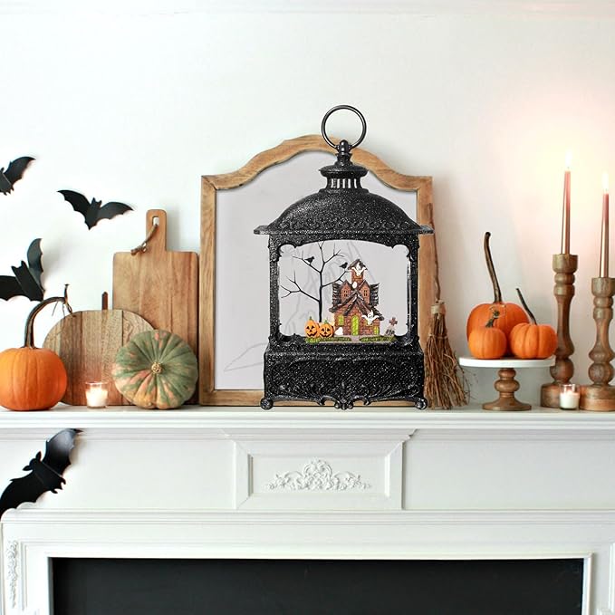Halloween Snow Globe Lantern Haunted House Pumpkin Ghost Tree Crow Rip Dancing Bats with Timer, USB and Battery Powered 12 inch-Ruum Studio Home