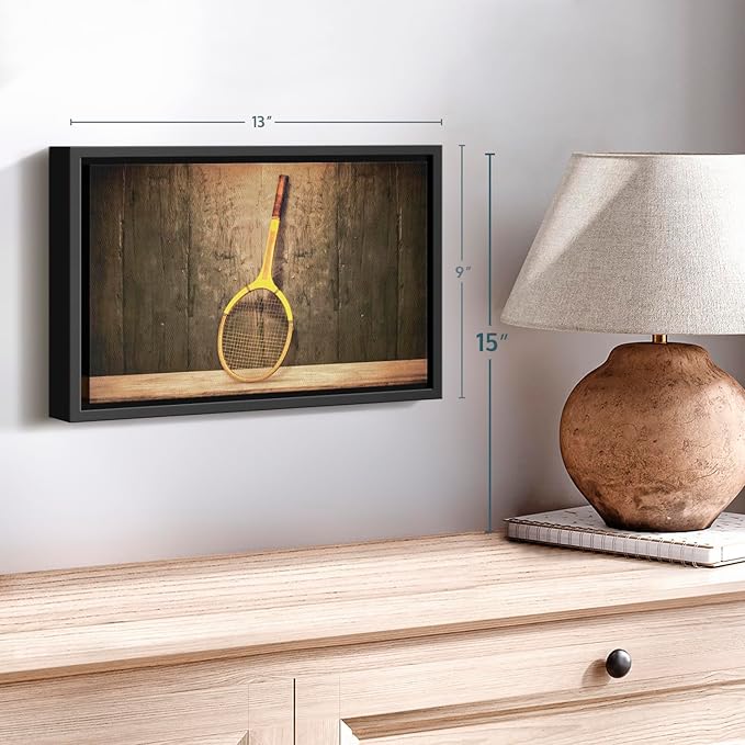 ElephantStock Vintage Tennis Racket Wall Art - Horizontal Framed Canvas - 1-Piece Living Room Wall Decor - Photography Sports Canvas Print - Brown and Black Decor for Wall - 13" X 9"-Ruum Studio Home
