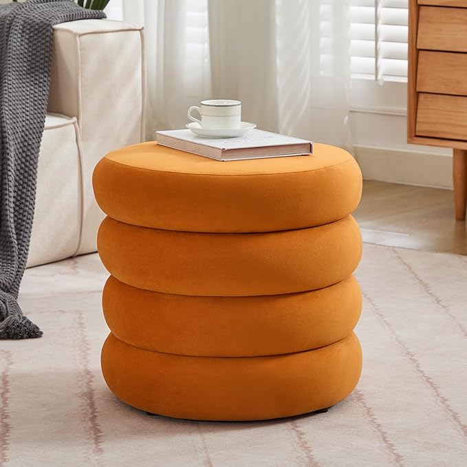 ONEVOG Round Storage Ottoman, 20" Small Ottomans Table with Removable Lid, Velvet Fabric Soft Footrest Stools for Couch, Upholstered Stuffed Circle Seat for Living Room/Bedroom/Dorm/Vanity, Orange-Ruum Studio Home