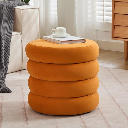 ONEVOG Round Storage Ottoman, 20" Small Ottomans Table with Removable Lid, Velvet Fabric Soft Footrest Stools for Couch, Upholstered Stuffed Circle Seat for Living Room/Bedroom/Dorm/Vanity, Orange-Ruum Studio Home