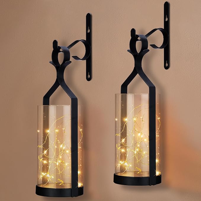 Metal Wall Sconce 35 Led Lantern Set of 2 - Black Wall Mounted Hanging Holder with Glass & Candles Vintage Wall Decor for Porch, Living Room, Dining Room, Bedroom Indoor Decor-Ruum Studio Home
