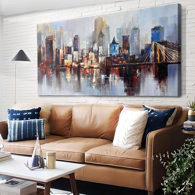 Arjun Brooklyn Bridge Wall Art Modern New York City Abstract Canvas Cityscape Painting, NYC Skyline Textured Picture for Living Room Bedroom Home Office Wall Decor Extra Large Size Framed 58"x29"-Ruum Studio Home