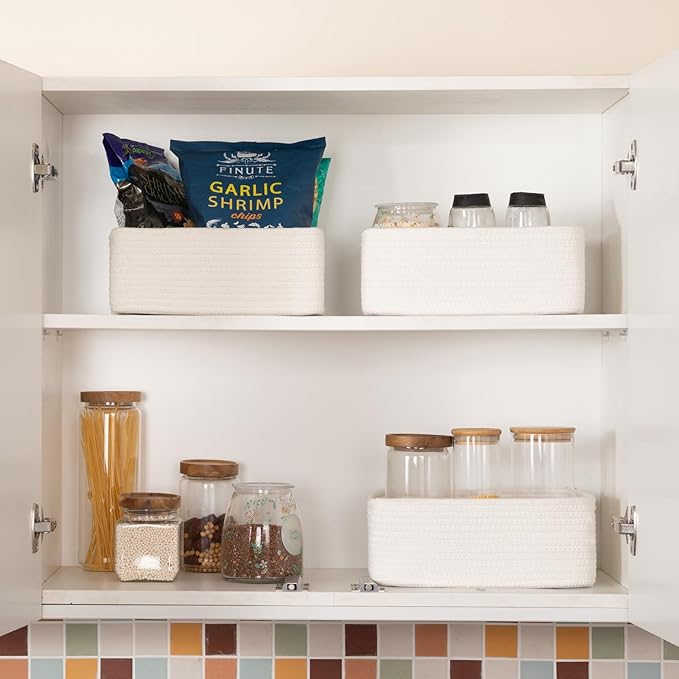 3 Pack Small Storage Baskets for Organizing, Cute Woven Decorative Gift Baskets for Shelves, Mini Closet Organizer Bins with Handles, 11.81''Lx7.87''Wx4.72''H-White-Ruum Studio Home