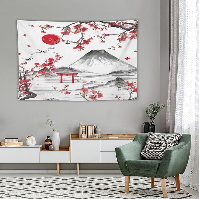 Red Cherry Blossoms Tapestry, Japanese Fuji Mountain Tapestry, Asian Japanese Wall Tapestry, Nature Landscape Tapestries for Bedroom Living Room Decor 90"x60"-Ruum Studio Home