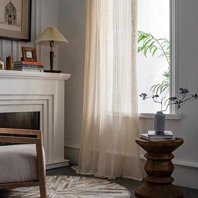 Sutuo Home Boho Curtain Crochet Lace Semi-Sheer Florals Hollow Knitted Handmade Tassels, Rod Pocket Window Treatment Vintage Rustic Farmhouse Drapes for Living Bedroom, 1 Panel 59" W x 63" L, Beige-Ruum Studio Home