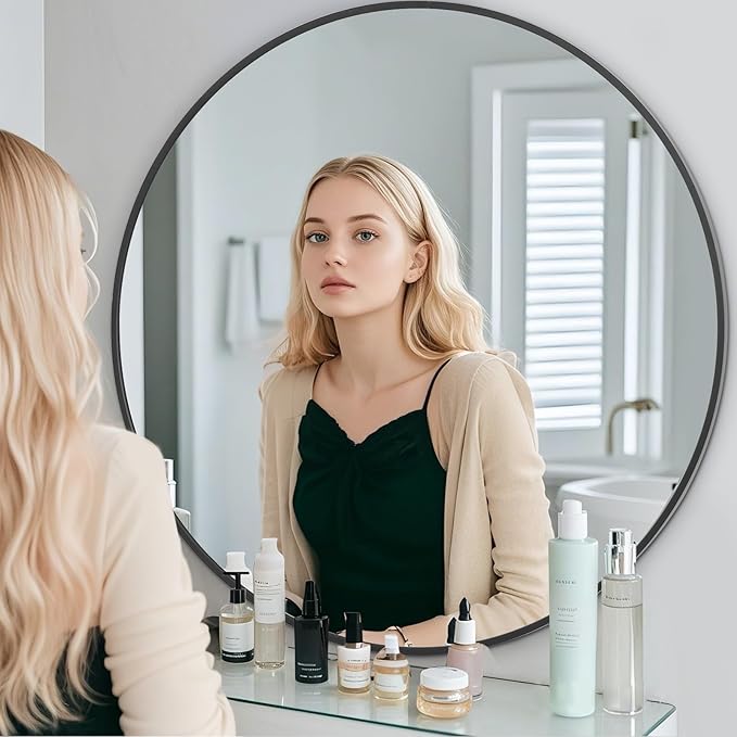 BEAUTYPEAK 30 Inch Round Mirror, Metal Frame Circle Mirror, Wall Mounted for Entryway, Bathroom, Vanity, Living Room, Black-Ruum Studio Home