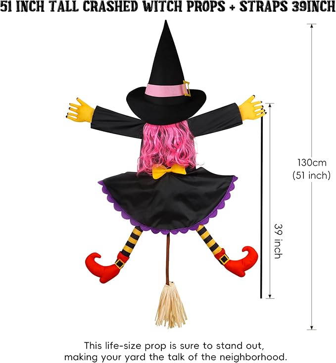 POPGIFTU 51" Halloween Crashing Witch Decoration – Pink Flying Witch for Tree, Yard, Porch, and Indoor Outdoor Halloween Décor-Ruum Studio Home
