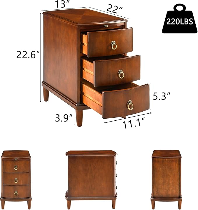 Set of 2 Solid Wood End Table with 3 Drawers, Fully Assembled Nightstand with Sliding Shelf, Pre-Assembled Vintage Wooden Beside Tables In Cherry Brown for Small Space,13.4*22.4*22.6in-Ruum Studio Home