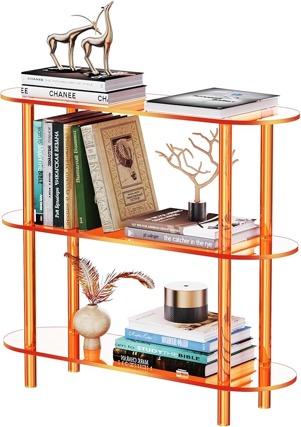 Clear Bookshelf, Acrylic Bookcase with Open Book Shelf for Office Living Room Bedroom (3 Tier Orange)-Ruum Studio Home