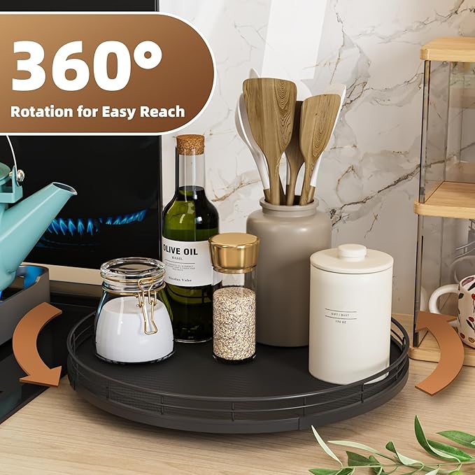 13" Lazy Susan Turntable Organizer for Table Top, Round Wooden Lazy Susan for Cabinet Kitchen Decor Centerpieces Coffee Table, Storage Condiments Spices, Bathroom Vanity Tray for Soap, Black-Ruum Studio Home