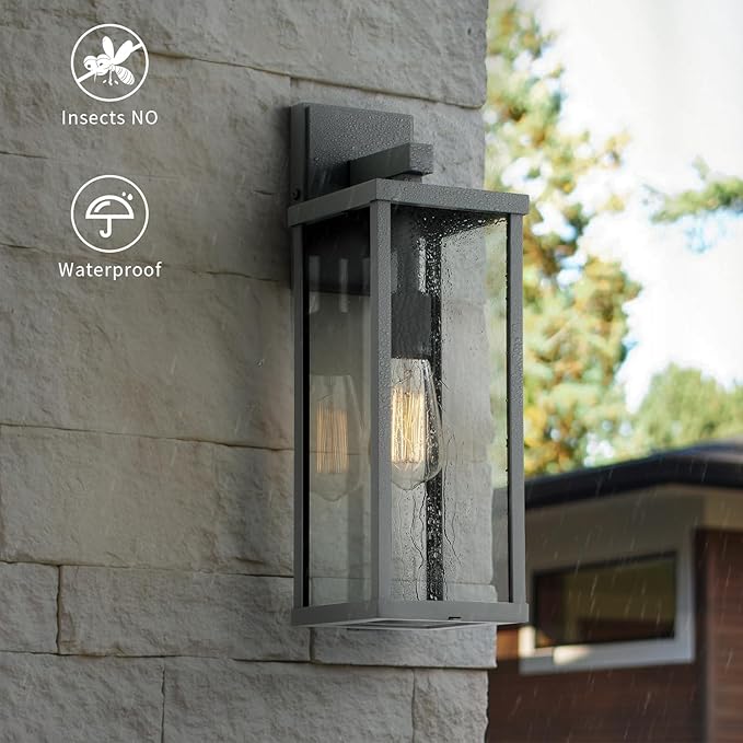 mirrea 18" Classic Outdoor Wall Sconce 1 Light in Matte Gray Rectangular Metal Frame and Clear Glass Shade Waterproof Porch Light Patio Light Pack of 2-Ruum Studio Home