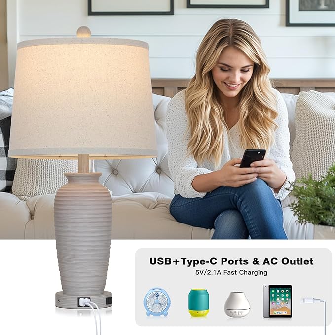 25“ Traditional Table Lamps Set of 2, Bedside Touch Lamp with USB C+A Charging Ports, Rustic Farmhouse Jar Table Lamps for Living Room Bedroom, Side Table Lamp with Beige Fabric Shade, Antique Grey-Ruum Studio Home