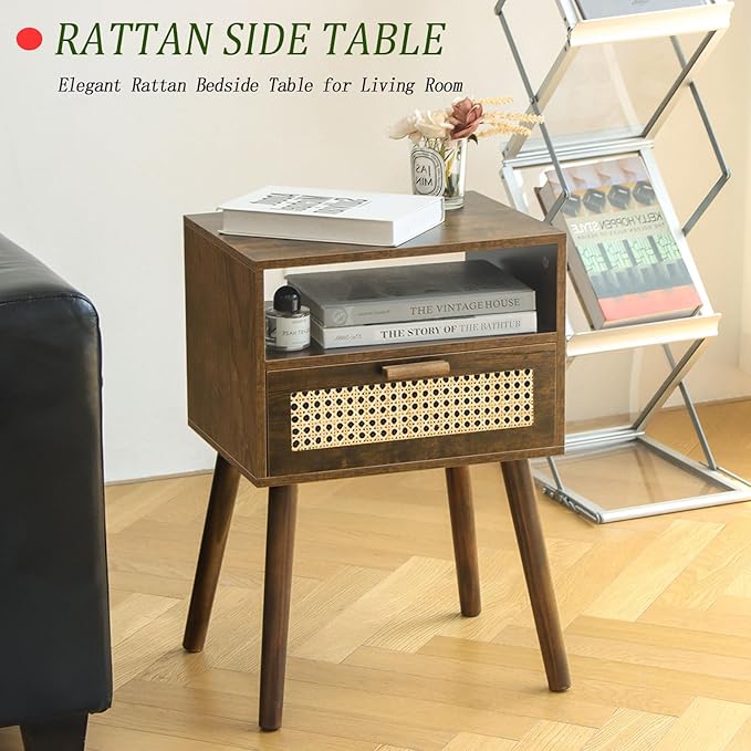 MaxSmeo Mid Century Nightstand, Rattan Side Table with Drawer, Wood Modern Bedside Table for Bedroom, Living Room and Small Spaces (Rustic Brown)-Ruum Studio Home