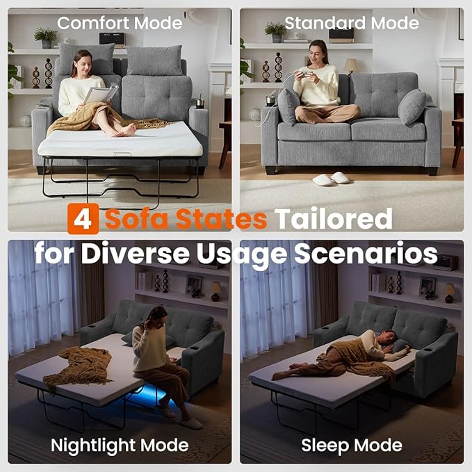 CHIC HOUSE Pull Out Sofa Bed, Full Size Sleeper Sofa, 2-in-1 Convertible Corduroy Couch with USB Charging, Memory Form Couch for Living Room, Apartment and Small Space (Grey, Corduroy - Full Size)-Ruum Studio Home