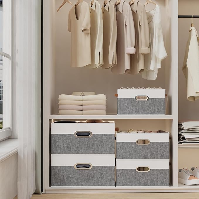 Yawinhe Fabric Storage Bins with Handles, Foldable Baskets for Shelves, Cubes with 3 Handles, Large Boxes for Clothes, White/Grey, 16.9''Lx11.8''Wx10.2''H, 4-Pack-Ruum Studio Home