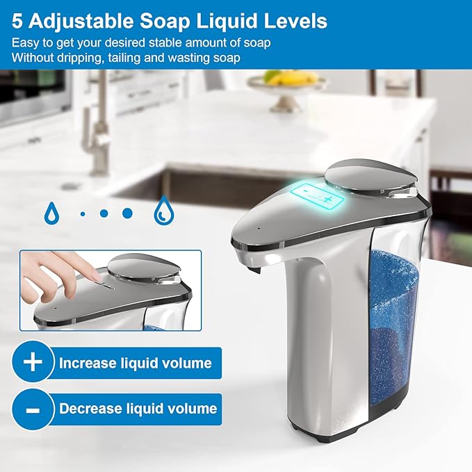 Automatic Soap Dispenser, Touchless Dish Soap Dispenser 17oz/500ml with Upgraded Infrared Sensor, 5 Adjustable Soap Dispensing Levels, Liquid Hand Dispenser for Bathroom (Silver Set)-Ruum Studio Home