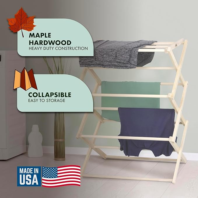 Pennsylvania Woodworks Premium American Maple Clothes Drying Rack - Handcrafted in Pennsylvania - Solid Wood Construction, Collapsible, Eco-Friendly Laundry Solution (X-Large)-Ruum Studio Home