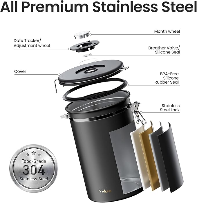 Veken Coffee Canister, 39OZ Large, Airtight Stainless Steel Food Storage Container for 2.2lbs Coffee Beans, Ground, Sugar, Tea, Flour, Rice, Cereal, Cookies Jars, Bar Accessories & Gifts, Black-Ruum Studio Home