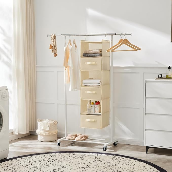 MAX Houser 6 Tier Shelf Hanging Closet Organizer, Closet Hanging Shelf with 2 Sturdy Hooks for Storage, Foldable (Beige-D3)-Ruum Studio Home