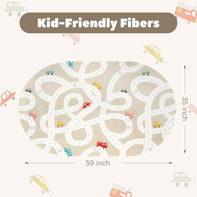 STARUIA Small Kids Rug for Kids Room, 3'x5' Washable Road Rug for Baby Nursery, Non-Slip Car Rugs for Playroom, Tan Traffic Play Mat Soft Fun Rugs for Boys Girls Dorm Toy Room Tent-Ruum Studio Home