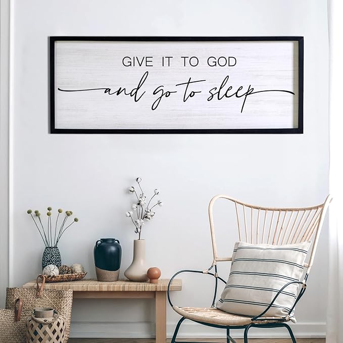 Give It to God and Go to Sleep Decorative Rustic Sign & Plaque Framed Wall Art for Couples, 40''×15'' Cottagecore Wooden Horizontal Wall Decor Above Bed, Vintage Farmhouse Wedding Gift for Bedroom-Ruum Studio Home