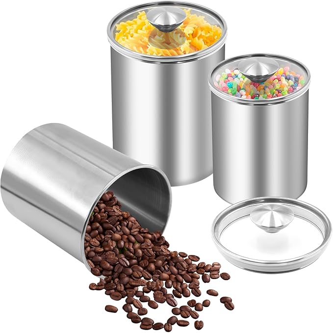 ENLOY Stainless Steel Food Storage Container Set of 3, 88/61/29 oz with Clear Glass Lids - Ideal for Coffee, Tea, Sugar, Flour Canisters-Ruum Studio Home