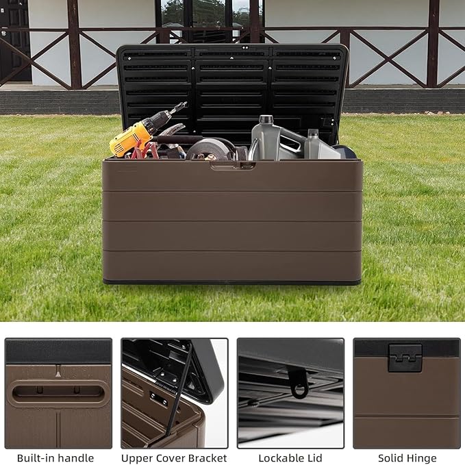 100 Gallon Plus Outdoor Storage Box Waterproof Lockable Resin Deck Box Large, Patio Storage Bin for Pool Accessories Cushion Furniture, Garden Tools, UV-Resistant Outside Delivery Brown-Ruum Studio Home