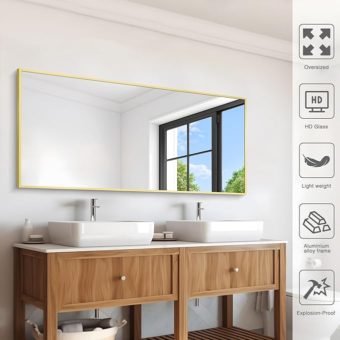 Gold Bathroom Mirror for Wall, 60x30 Inch Rectangle Mirrors with Metal Frame, Modern Vanity Wall Mirror Decor for Bathroom Living Room, Entryway Hangs Horizontal or Vertical-Ruum Studio Home