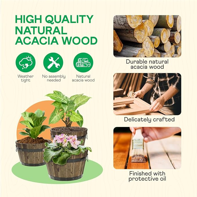 IDZO Set of 3 Wooden Flower Planters for Outdoor Plants, Acacia Wood Barrel Planters, Ergonomic Handles, Drainage Holes, Various Sizes, Walnut-Ruum Studio Home