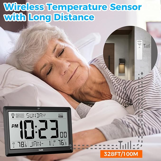 Wall Clock Atomic with Indoor Outdoor Temperature Battery Powered, Easy Reading with 10.5 Inch Large LCD Display, 330FT Range Table Wall Clock with DST, 12/24 Hour for Living Room Kitchen (Black)-Ruum Studio Home