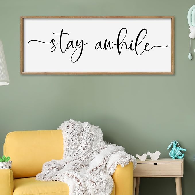 SRSZHIYUE Stay Awhile Sign Wall Decor Art 32"×12" Home Entryway Hallway Signs Large Wood Framed Wall Hanging (Wood)-Ruum Studio Home