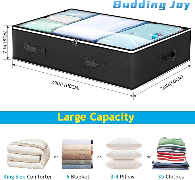 Budding Joy 90L Under Bed Storage Containers, Closet Organizers and Storage Bins, Foldable Underbed Storage Bags for Blankets, Towels, Comforter, Sweaters, Pillows, Linen Sheets, Wrapping Paper，Black-Ruum Studio Home