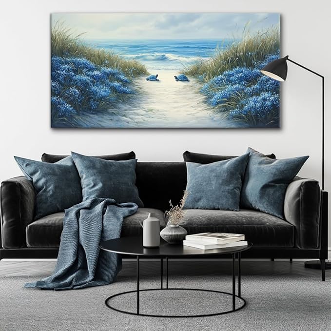 LASMOND Romantic Beach Wall Art for Living Room Blue Sea Turtle Lovers Canvas Painting Prints Ocean Sandy Romance Flowers Large Bedroom Office Decor Artwork (58x28 Inches)-Ruum Studio Home