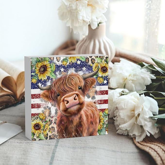Cute Highland Cow Patriotic Baby Decor, Highland Cow Sunflower Decor, Wooden Box Decor Sign for Home Farmhouse Office Living Room Table Shelf-Ruum Studio Home