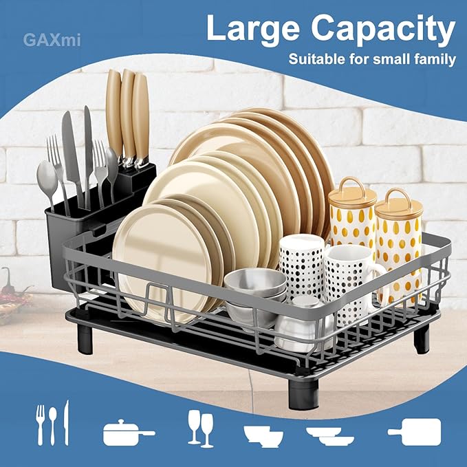 GAXmi Dish Drying Rack Over The Sink Drainer with Drainboard Utensil Holder, 1-Tier Grey-Ruum Studio Home
