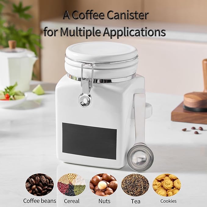 Ceramic Coffee Canister with Airtight Lid and Scoop, Large 78 Fl Oz / 2.3 L Kitchen Food Storage Container Jar for Grounds Coffee, Beans, Tea, Sugar, Flour, Cereal, Nuts, Cookie, White-Ruum Studio Home