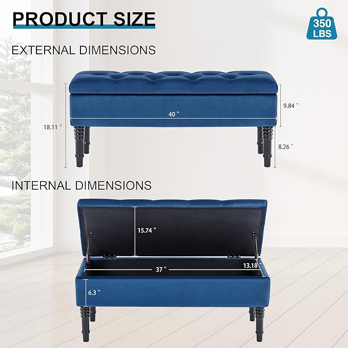 Ottoman with Storage Velvet Storage Bench Holds Up to 500 lbs Ottomans Upholstered Bench with Seating for Bedroom, Living Room, Blue-Ruum Studio Home