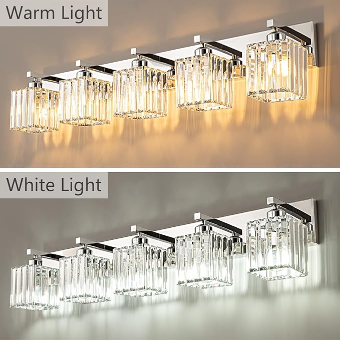 Modern Vanity Light 5-Lights Chrome Crystal Bathroom Wall Light Fixtures-Ruum Studio Home
