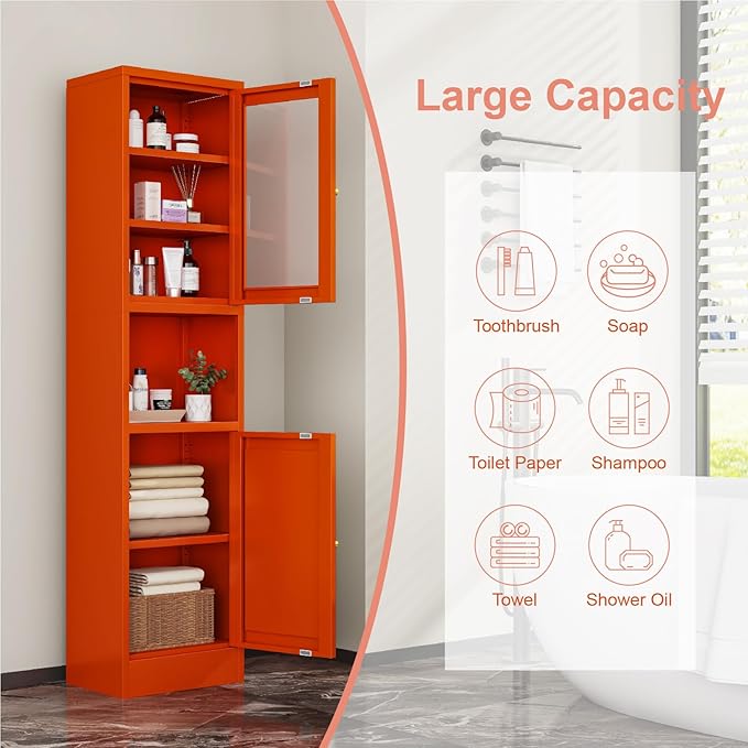 67" Tall Bathroom Storage Cabinet, Narrow Metal Floor Cabinet with Glass Door and Adjustable Shelves, Freestanding Metal Locker for Laundry, Kitchen, Dining Room-Ruum Studio Home