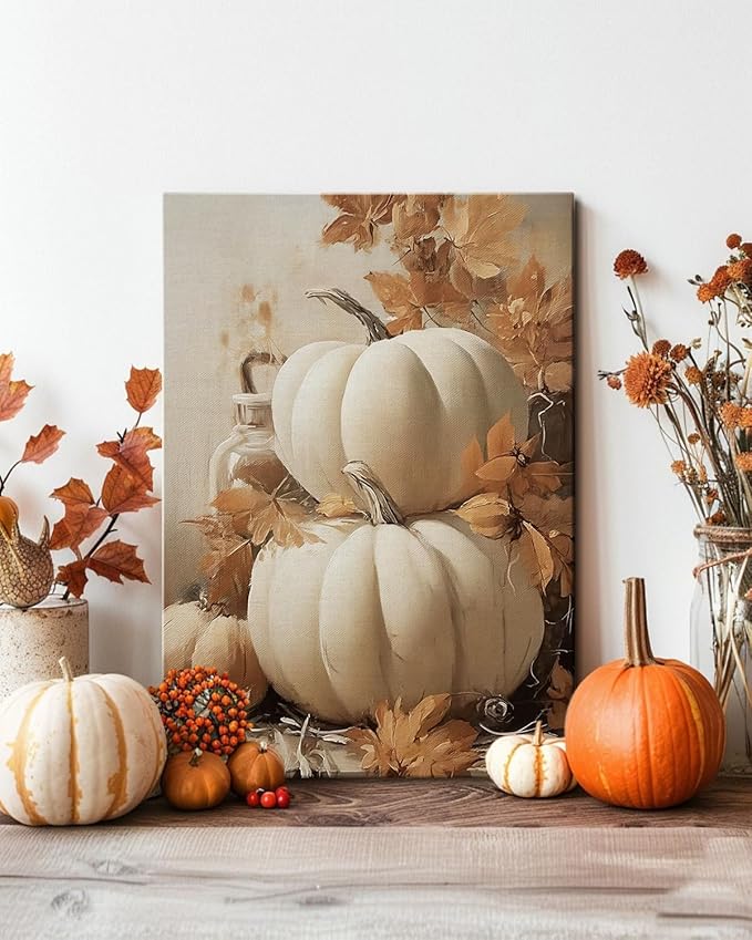 Farmhouse Autumn Pumpkin Wall Art Decor, Rustic Fall Canvas Prints Framed for Living Room Kitchen Dining Room, Thanksgiving Decorations and Cozy Fall Wall Art Picture, Ready to Hang-Ruum Studio Home