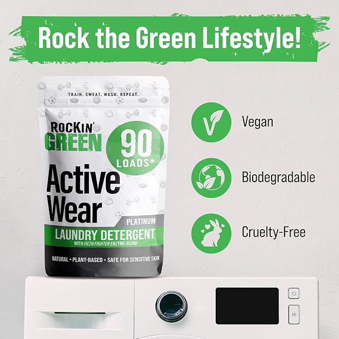Rockin' Green Laundry Detergent, Plant based, All Natural Laundry Detergent Powder, Vegan and Biodegradable Odor Fighter, Safe for Sensitive Skin (Active Wear 90 Loads - Unscented)-Ruum Studio Home