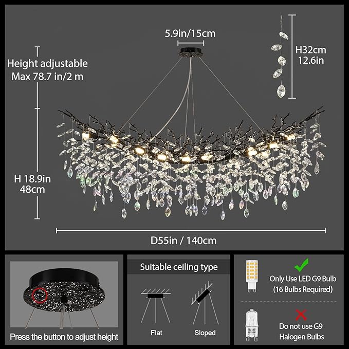 Modern Black Rectangle Crystal Tree Branch Chandelier, 55" 16-Light K9 Crystal Chandeliers for Dining Room, Rectangular Dining Room Chandelier Over Table,for High Ceiling,Kitchen-Ruum Studio Home