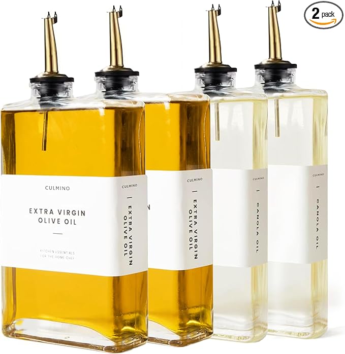 Premium Glass Olive Oil Dispenser Bottle 350ml | Cooking Oil and Vinegar Dispenser | Oil Dispenser for Kitchen with Gold Pourers, Funnel, Brush & 36 Labels (4 Pack)-Ruum Studio Home
