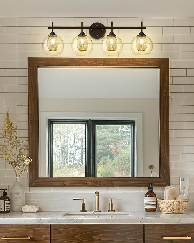 Bathroom Light Fixtures, 4-Light Black and Gold Vanity Lights Over Mirror, 30inch Farmhouse Wall Sconce Lighting with Clear Glass and Honeycomb Metal Shade, AD-22001-4W-BK-Ruum Studio Home