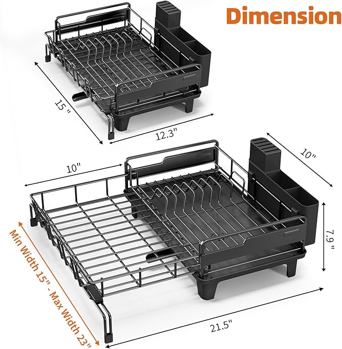 Extendable Dish Drying Rack, Multifunction Dish Rack for Kitchen Counter, Expandable Dish Drainer Over Sink, Large Dish Strainer with Cups Holder, 1 Tier Black-Ruum Studio Home